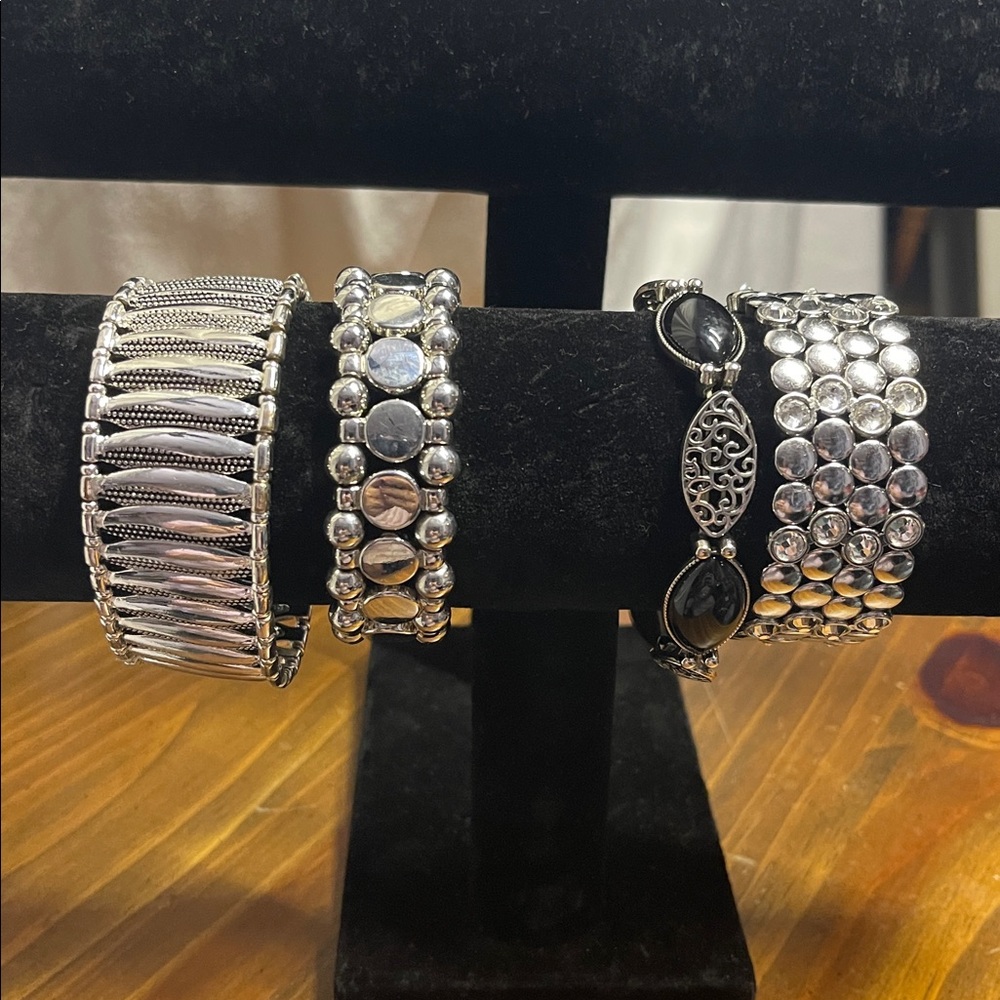Elegant Silver Tone Bracelet Set for Women Set of 4 Stretchy